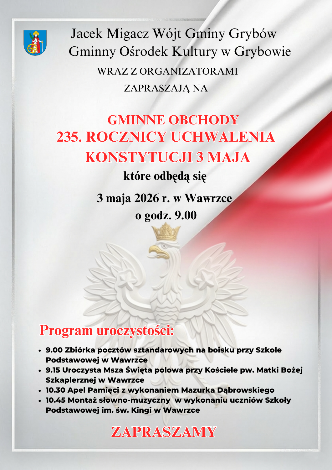 Zaproszenie na uroczyste obchody 235. rocznicy uchwalenia Konstytucji 3 maja