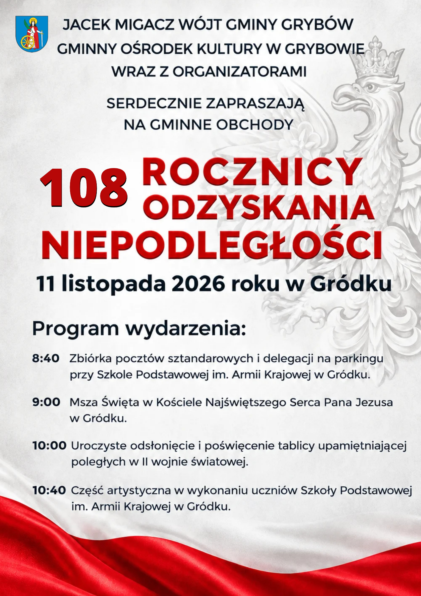 Zaproszenie na Gminne Obchody 108. Rocznicy Odzyskania Niepodległości